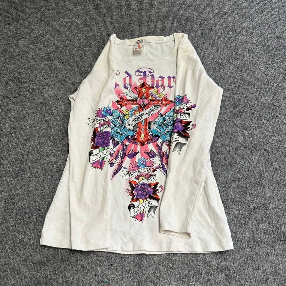 Ed Hardy Long Sleeve Shirt Womens Size M White Cross Tattoo Rhinestone USA Made